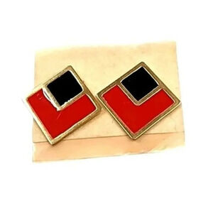 Vintage Napier Red Black Enamel Square Stud Earrings